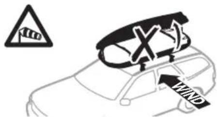 Diagram showing a car with a warning sign and a 'wind' label, alongside a triangular warning symbol.