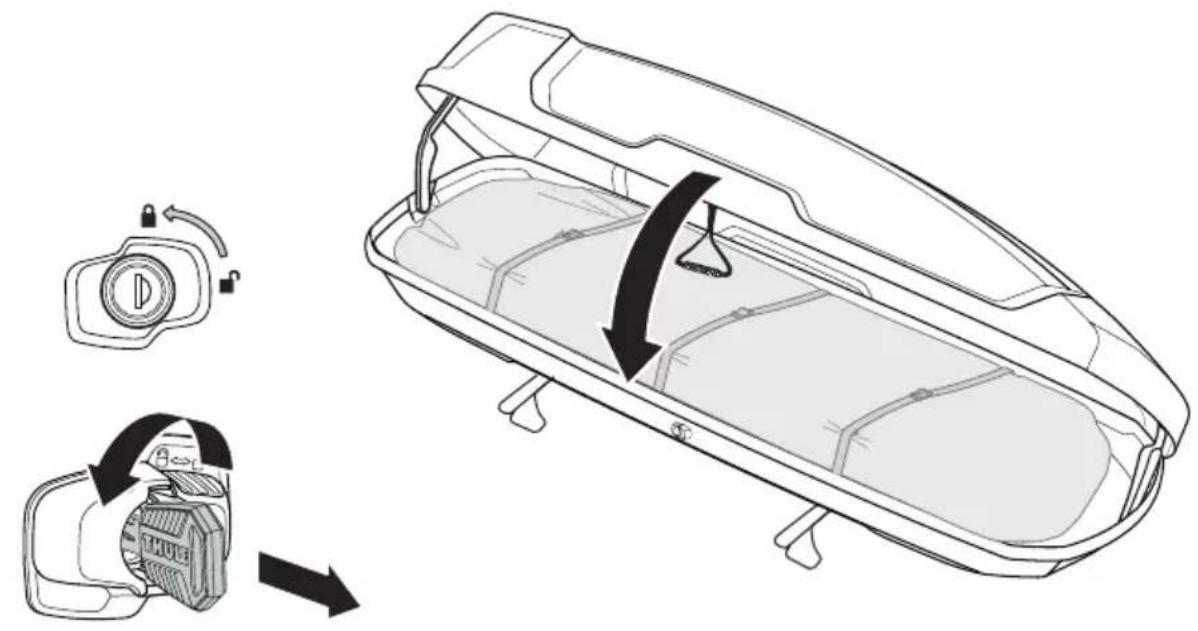 Diagram illustrating a device's internal components and directional flow, showing a lock mechanism and a device with a gear.