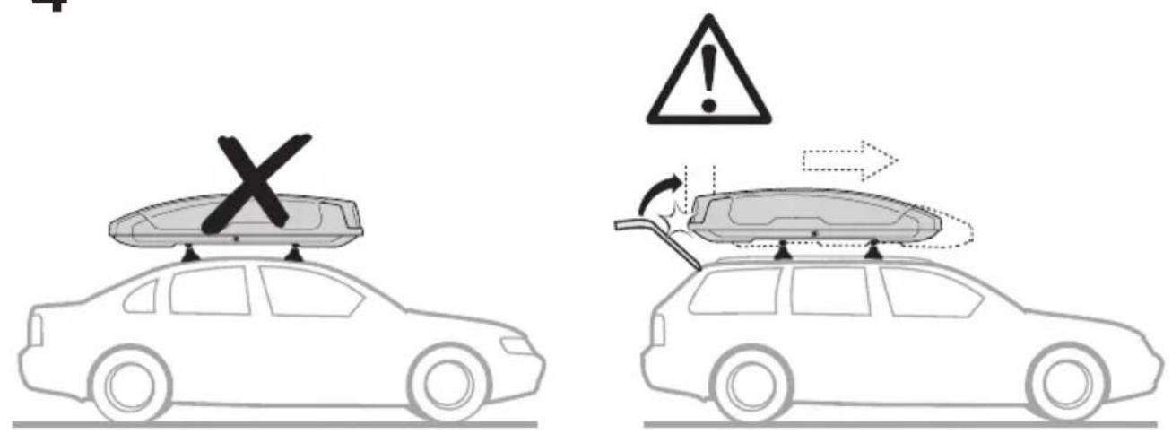 Diagram illustrating car safety warning with a cross symbol on roof and warning symbols above, showing correct and incorrect states.