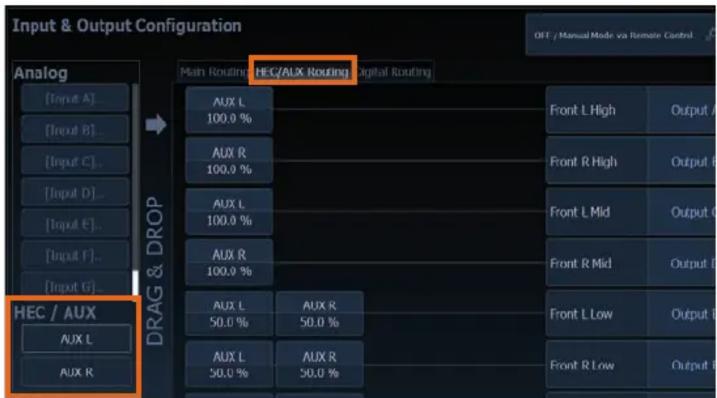 Input & Output Configuration Analog [Input A]... [Input B]... [Input C]... [Input D]... [Input E]... [Input F]... [Input G]... HEC / AUX AUX L AUX R DRAG & DROP HEC/AUX Routing Main Routing DIGITAL ROUTING AUX L 100.0 % AUX R 100.0 % AUX L 100.0 % AUX R 100.0 % AUX L 50.0 % AUX R 50.0 % AUX L 50.0 % AUX R 50.0 % Front L High Output A Front R High Output B Front L Mid Output C Front R Mid Output D Front L Low Output E Front R Low Output F