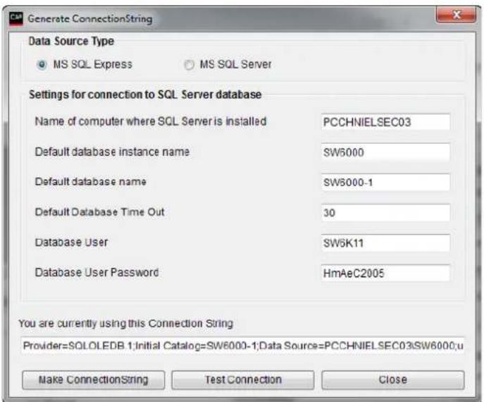 Generate ConnectionString Data Source Type MS SQL Express MS SQL Server Settings for connection to SQL Server database Name of computer where SQL Server is installed PCCHNIELSEC03 Default database instance name SW5000 Default database name SW5000-1 Default Database Time Out 30 Database User SW5K11 Database User Password HmAeC2005 You are currently using this Connection String Provider=SOLOLEDB.1;Initial Catalog=SW6000-1;Data Source=PCCHNIELSEC03;SW6000;u Make ConnectionString Test Connection Close