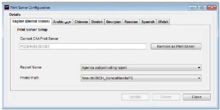 Print Server Configuration Details English (United States) Arabic Chinese Danish Georgian Russian Spanish Welsh Print Server Setup Current CAA Print Server PCCHNIELSEC03 Remove as Print Server Report Name Agenda subject voting report Printer Path 1ms-ch.09CH_KonicaMinoltaP8 Update Cancel Close