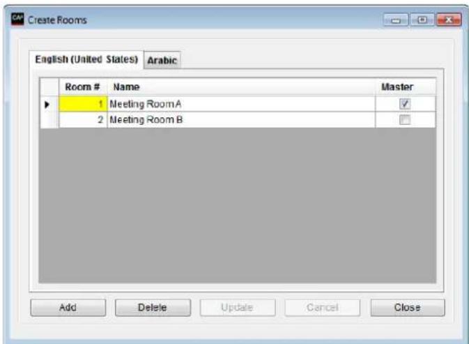 Create Rooms English (United States) Arabic Room # Name Master 1 Meeting RoomA ✓ 2 Meeting Room B ✓ Add Delete Update Cancel Close