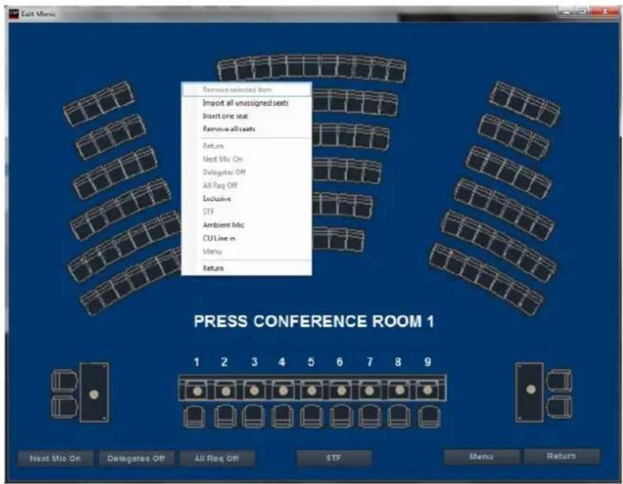 Edit Music Remove selected item Import all unassigned seats Insert one seat Remove all seats Return Next Mic On Delegator Off All Req Off Exclusive STF Ambient Mic CU Line in Menu Return PRESS CONFERENCE ROOM 1 1 2 3 4 5 6 7 8 9 Next Mic On Delegates Off All Req Off STF Menu Return