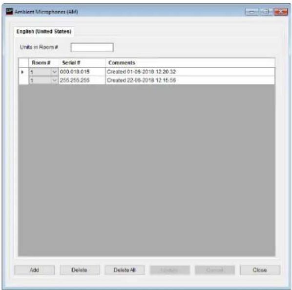 Ambient Microphones (AM) English (United States) Units in Room # Room # Serial # Comments 1 000.018.015 Created 01-05-2019 12 20:32 1 255.255.255 Created 22-05-2018 12 15:56 Add Delete Delete All Adder Cancel Close