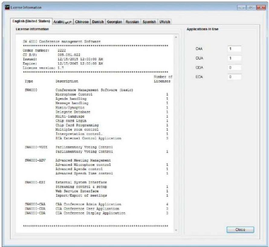 License Information English (United States) Arabic Chinese Danish Georgian Russian Spanish Voich License information SN 6000 Conference management Software Order number: 2222 CU 3/V: 005.081.022 Issued: 12/15/2015 12:00:00 AM Expire: 12/15/2065 12:00:00 AM Licenses version: 1.7 Number of Type Description Licenses SN6000 Conference Management Software (basic) Microphone Control 1 Agenda handling 1 Message handling 1 Mimio/Synoptic 1 Delegate Database 1 Multi-language 1 Chip card Login 1 Chip Card Programming 1 Multiple room control 1 Interpretation control. 1 KCA External Control Application 3 SN6000-VOTE Parliamentary Voting Control Parliamentary Voting Control 1 SN6000-ADV Advanced Meeting Management Advanced Microphone control 1 Advanced Agenda control 1 Advanced Speech Time control 1 SN6000-ESI External System Interface Streaming control & setup 1 Web Service Interface 1 Import/Export of meetings 1 SN6000-CAA CAA Conference Admin Application 4 SN6000-CUA CUA Conference User Application 3 SN6000-CDA CDA Conference Display Application 3 Applications in Use CAA 1 CUA 1 CDA 0 ECA 0 Close