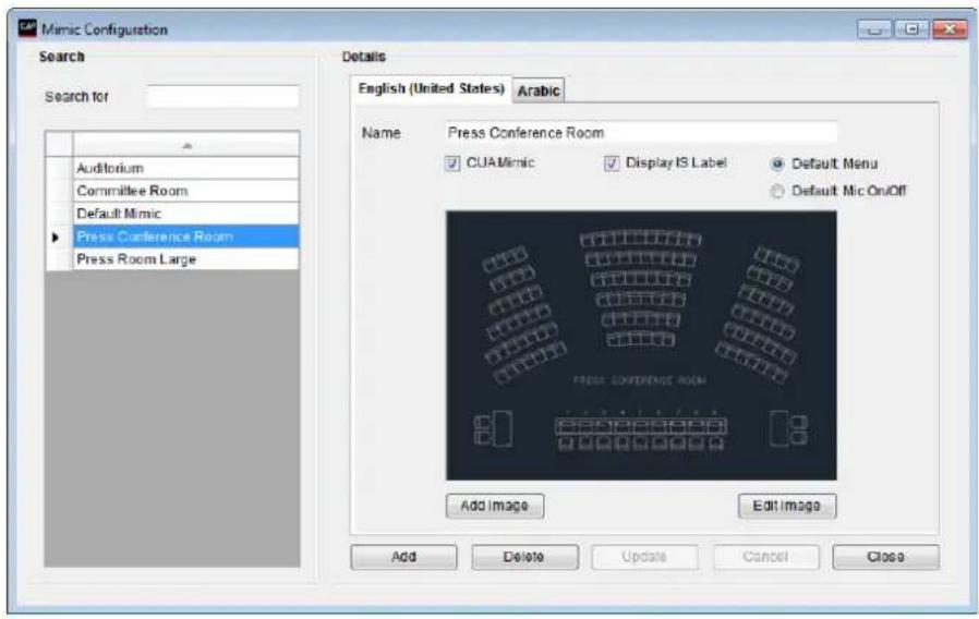 Mimic Configuration Search Search for Auditorium Committee Room Default Mimic Press Conference Room Press Room Large Details English (United States) Arabic Name: Press Conference Room ✓ CUAMimic ✓ Display IS Label ● Default Menu ○ Default Mic On/Off PRESS CONFERENCE ROOM Add Image Edit Image Add Delete Update Cancel Close