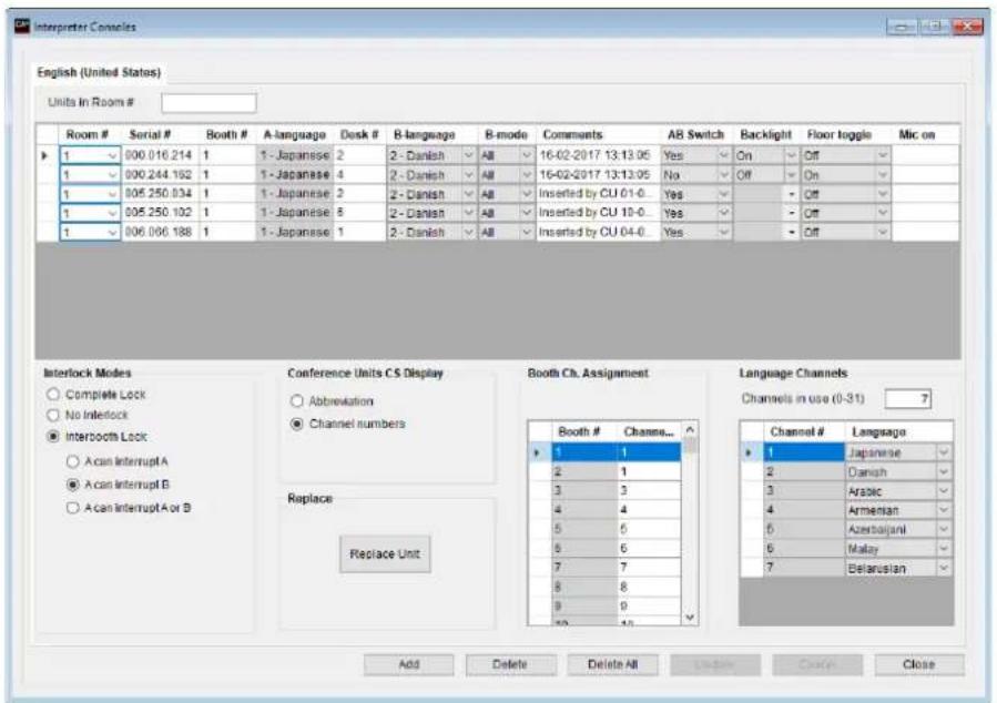 Interpreter Consoles English (United States) Units In Room # Room # Serial # Booth # A-language Desk # B-language B-mode Comments AB Switch Backlight Floor toggle Mic on 1 800.016.214 1 1 - Japanese 2 2 - Danish All 16-02-2017 13:13:05 Yes On Off 1 800.244.192 1 1 - Japanese 4 2 - Danish All 16-02-2017 13:13:05 No Off On 1 805.250.934 1 1 - Japanese 2 2 - Danish All Inserted by CU 01-0... Yes Off 1 805.250.102 1 1 - Japanese 5 2 - Danish All Inserted by CU 10-0... Yes Off 1 806.066.188 1 1 - Japanese 1 2 - Danish All Inserted by CU 04-0... Yes Off Interlock Modes Complete Lock No Interlock Interbooth Lock Acan Interrupt A Acan Interrupt B Acan Interrupt A or B Conference Units C.S Display Abbreviation Channel numbers Replace Replace Unit Booth Ch. Assignment Booth # Channel... 1 1 2 1 3 3 4 4 5 5 6 6 7 7 8 8 9 9 10 10 Language Channels Channels in use (0-31) 7 Channel # Language Japanense Danish Arabic Armenian Azerbaijan Malay Belarusian Add Delete Delete All Under Create Close