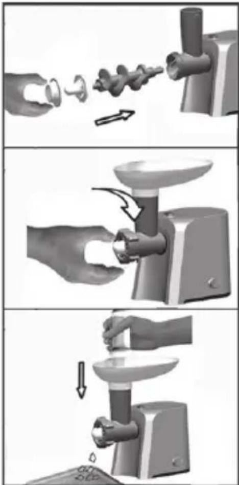 Three-step cooking process showing hand tool application, mixing bowl, and cleaning steps with arrows indicating motion