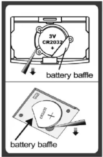 3V CR2032 + ↓ battery baffle ↓ battery baffle