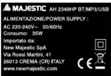 MAJESTIC AH 2349HP BT/MP3/USB ALIMENTAZIONE/POWER SUPPLY : AC 220-240V— 50/60Hz Consumo: 35W Importato da: New Majestic SpA Via Rossi Martini, 41 26013 CREMA (CR) ITALY www.newmajestic.com