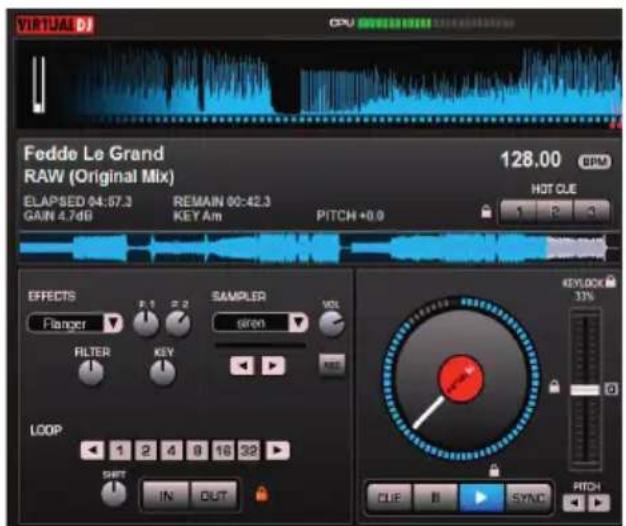 VIRTUAL DJ CPU Fedde Le Grand RAW (Original Mix) 128.00 BPM ELAPSED 04:57.3 GAIN 4.7dB REMAIN 00:42.3 KEY Am PITCH +0.0 HOT CUE EFFECTS Flanger FILTER SAMPLER GREN MOL KEYLOCK 33% KEY LOOP 1 2 4 8 16 32 SHIFT IN OUT CUE B SYNC PITCH