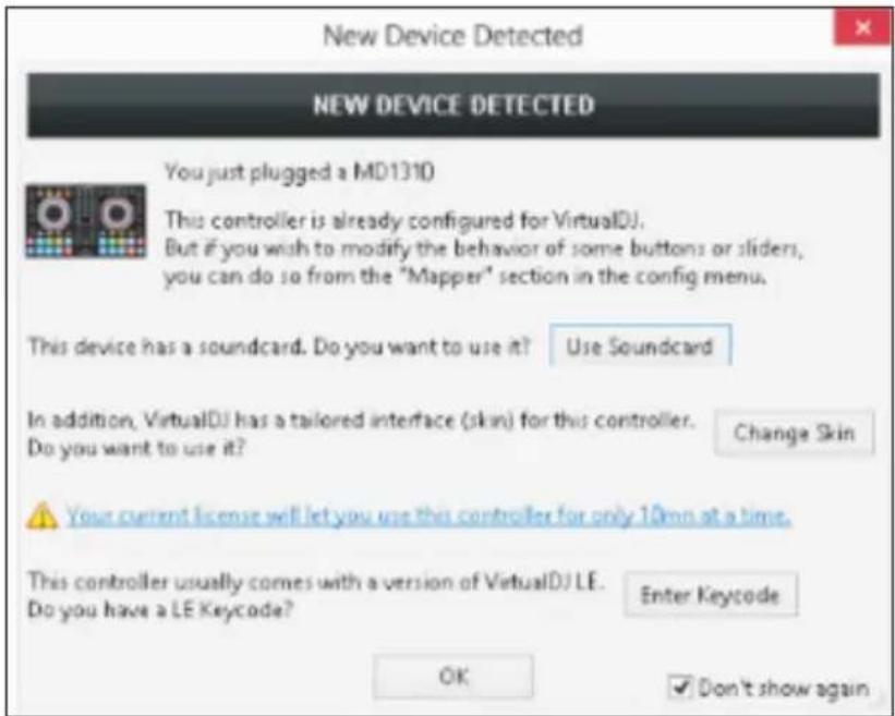 New Device Detected NEW DEVICE DETECTED You just plugged a MD1310 This controller is already configured for VirtualDJ. But if you wish to modify the behavior of some buttons or sliders, you can do so from the "Mapper" section in the config menu. This device has a soundcard. Do you want to use it? Us…