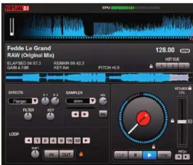 VIRTUAL DJ CPU Fedde Le Grand RAW (Original Mix) 128.00 BPM ELAPSED 04:57.3 GAIN 4.7dB REMAIN 00:42.3 KEY Am PITCH +0.0 HOT CUE EFFECTS Flange P.S SAMPLER siren VOL FILTER KEY LOOP 1 2 4 8 16 32 SWIFT IN OUT KEYLOCK 1% CUE II SYNC PITCH