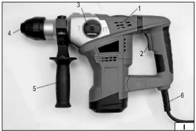 Labeled diagram of a power drill with numbered parts for identification
