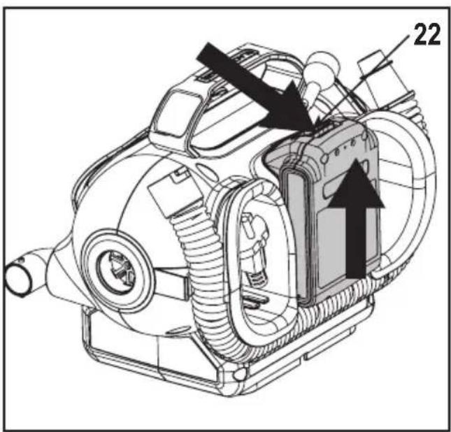 Technical diagram of a mechanical device with labeled components and directional arrows indicating assembly or movement.