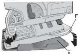 Technical diagram of a mechanical component with labeled parts F and E