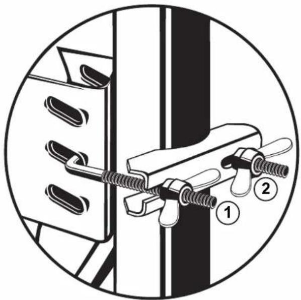 Diagram showing a mechanical clamp or bracket assembly with labeled parts 1 and 2, likely illustrating a mounting or mounting mechanism.