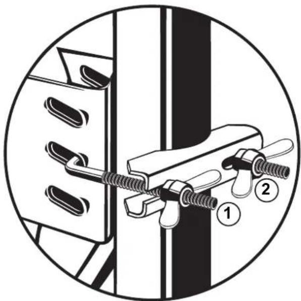 Technical diagram showing a mechanical clamp or bracket assembly with numbered parts labeled 1 and 2.