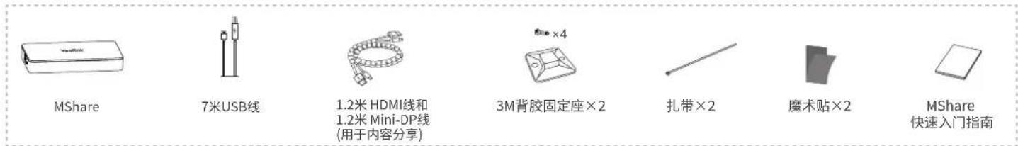 MShare 7米USB线 1.2米 HDMI线和 1.2米 Mini-DP线 (用于内容分享) 3M背胶固定座×2 扎带×2 魔术贴×2 MShare 快速入门指南