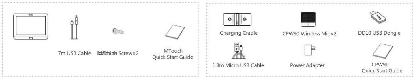 7m USB Cable MChipc Screw×2 MTouch Quick Start Guide Charging Cradle CPW90 Wireless Mic×2 DD10 USB Dongle 1.8m Micro USB Cable Power Adapter CPW90 Quick Start Guide