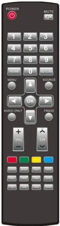 POWER MUTE 1 2 3 4 5·6 7 8 9 HOME 0 RETURN MENU SOURCE OK AUDIO ONLY FREEZE + VOL CH -
