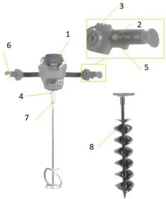 Technical diagram of a mechanical device with numbered components and exploded view, including a drill bit and spiral screw.