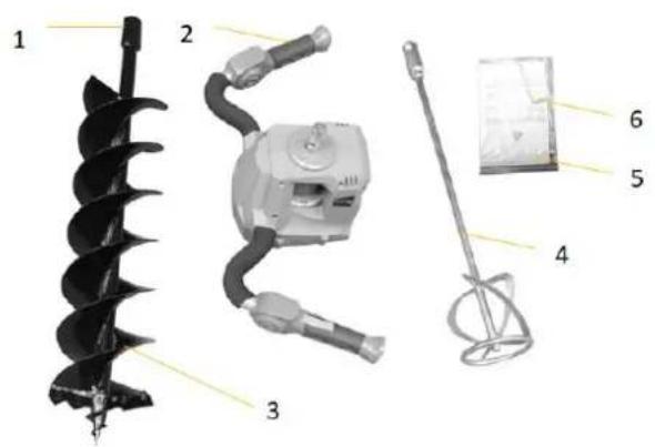 Labeled diagram of industrial equipment including drill bit, motor, and control unit with numbered parts