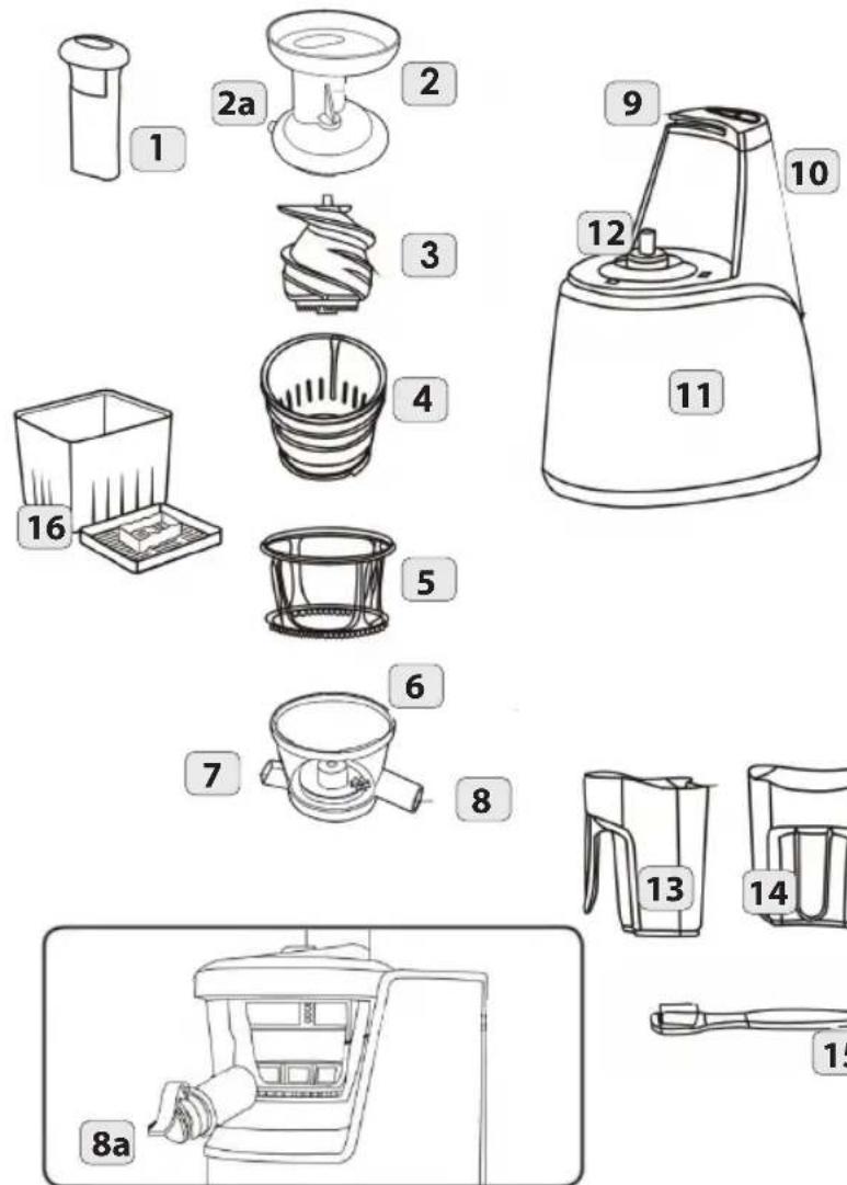 Exploded diagram of a kitchen appliance with numbered parts for identification and assembly reference.