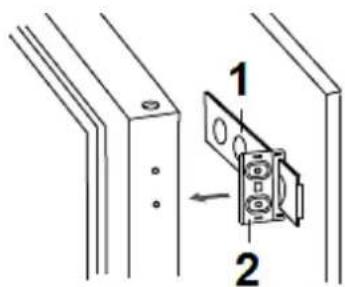 Technical diagram showing a door latch mechanism with labeled parts 1 and 2