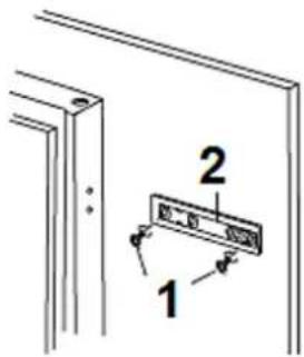 Technical diagram showing a door panel with labeled parts 1 and 2, indicating assembly or installation instructions.