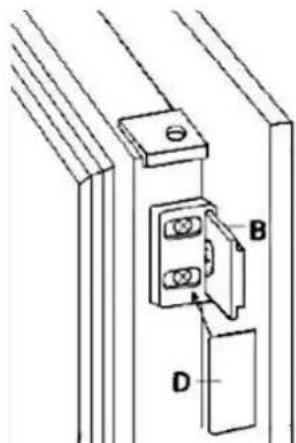 Technical diagram showing a mechanical assembly with labeled components A, B, and D