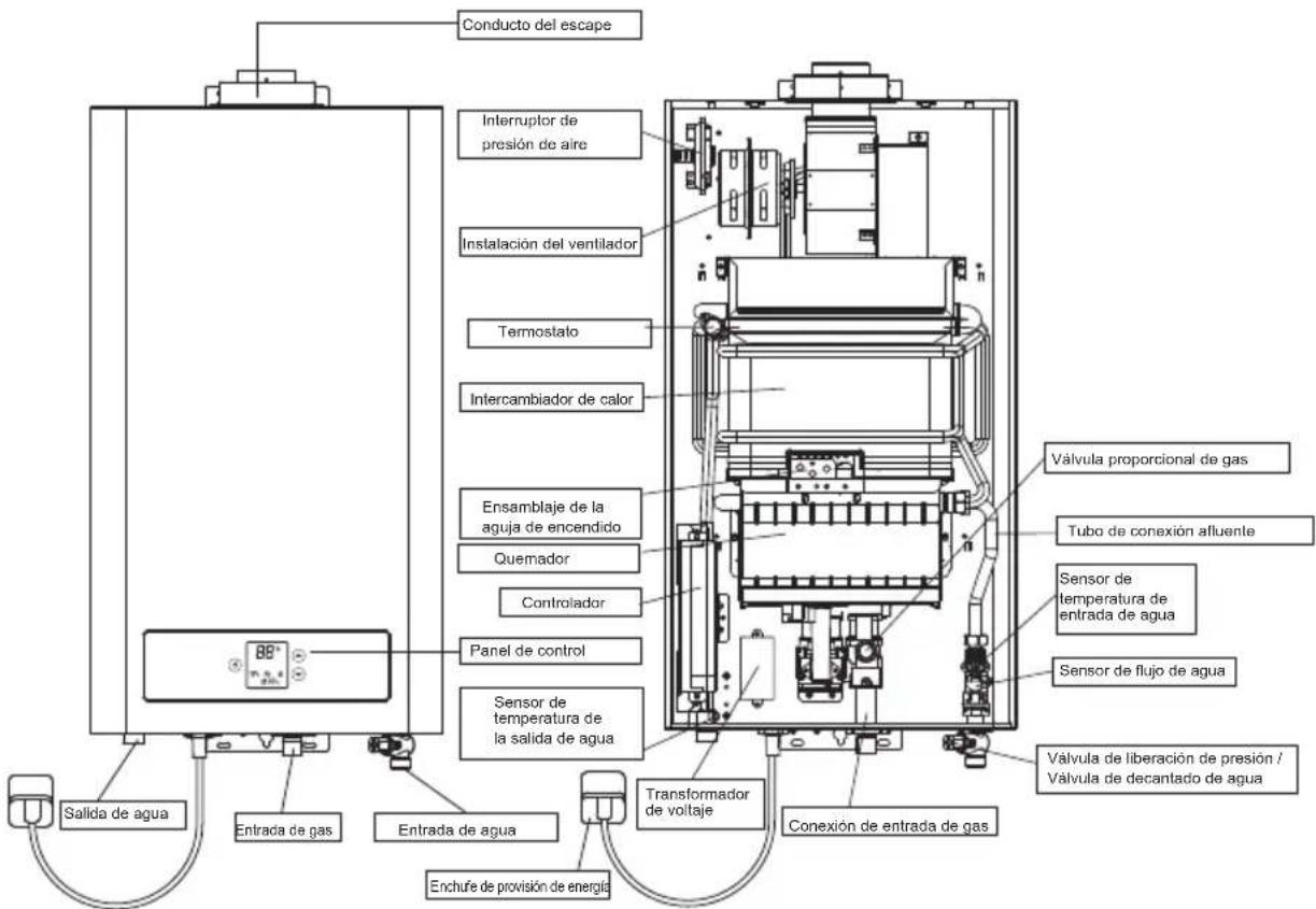 Conducto del escape Interruptor de presión de aire Instalación del ventilador Termostato Intercambiador de calor Ensamblaje de la aguja de encendido Quemador Controlador Panel de control Sensor de temperatura de la salida de agua Válvula proporcional de gas Tubo de conexión afluente Sensor de temperatura de entrada de agua Sensor de flujo de agua Válvula de liberación de presión / Válvula de decantado de agua Salsida de agua Entrada de gas Entrada de agua Enchufe de provisión de energía Transformador de voltaje Conexión de entrada de gas