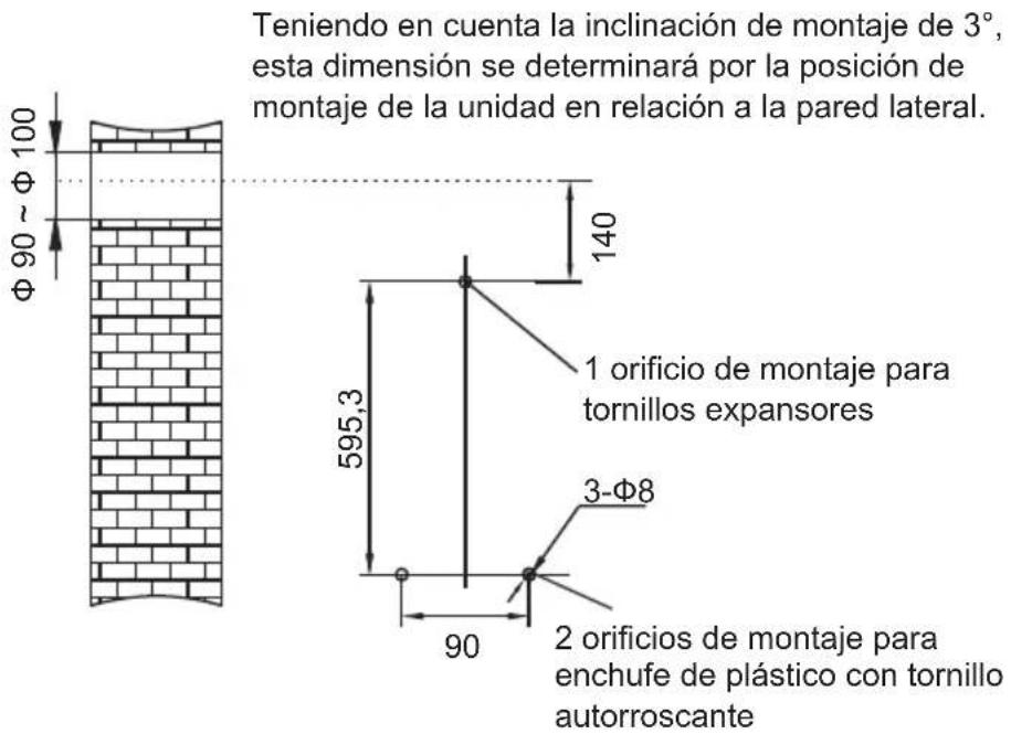 Teniendo en cuenta la inclinación de montaje de 3°, esta dimensión se determinará por la posición de montaje de la unidad en relación a la pared lateral. 140 1 orificio de montaje para tornillos expansores 595,3 3-Φ8 2 orificios de montaje para enchufe de plástico con tornillo autorroscante 90