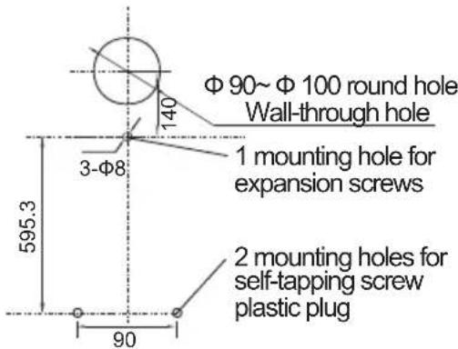 Φ 90~ Φ 100 round hole Wall-through hole 1 mounting hole for expansion screws 2 mounting holes for self-tapping screw plastic plug 3-Φ8 595.3 90 140