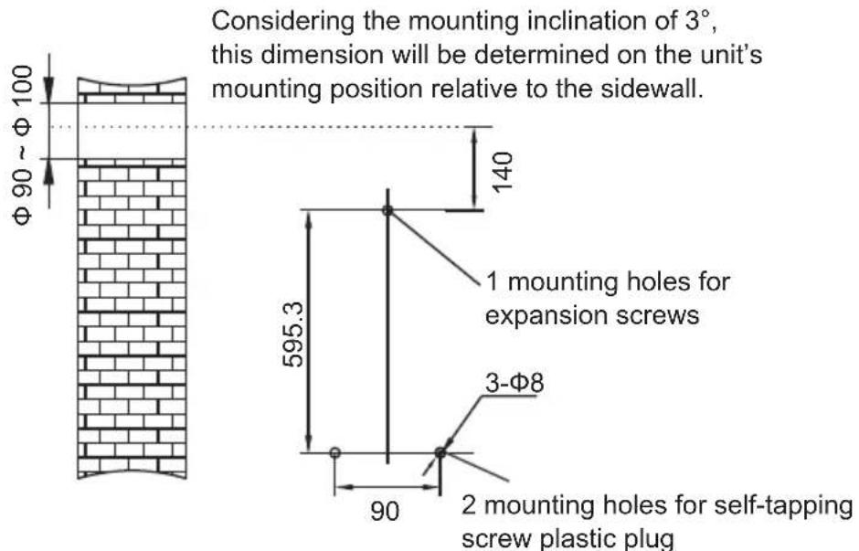 Considering the mounting inclination of 3°, this dimension will be determined on the unit's mounting position relative to the sidewall. Φ90 ~ 100 140 595.3 1 mounting holes for expansion screws 3-Φ8 90 2 mounting holes for self-tapping screw plastic plug