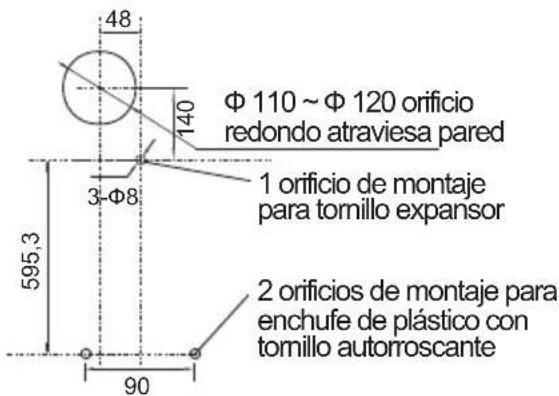 48 140 Φ 110 ~ Φ 120 orificio redondo atraviesa pared 3-Φ8 595,3 1 orificio de montaje para tomillo expansor 2 orificios de montaje para enchufe de plástico con tomillo autorroscante 90
