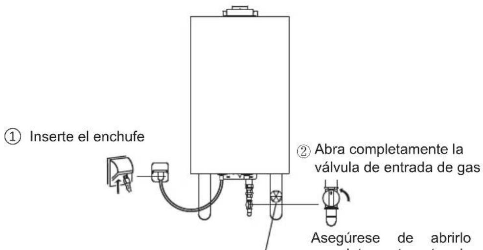 ① Inserte el enchufe ② Abra completamente la válvula de entrada de gas Asegúrese de abrirlo completamente antes de