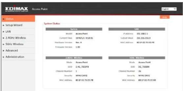 IDIMAX Access Point English Status Setup Wizard LAN 2.4GHz Wireless 5GHz Wireless Advanced Administration System Status System LAN Model Access Point IP Address 192.168.2.1 Current Time 1970/21 0:18:35 Subset Mask 255.255.255.0 Hardware Version Rec. A MAC Address 80.17.02.75.02.00 Hardware Version 1.00 2.4GHz Wireless XOM Wireless Mode Access Point Mode Access Point SDD 2.4G_75CDFB SDD 5G_TSEDX0 Channel Number 1 Channel Number 36 Security WPA2 (ATS) Security WPA2 (ATS) MAC Address 80.37.02.75.02.00 MAC Address 80.37.02.75.02.00