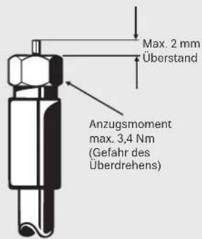 Max. 2 mm Überstand Anzugsmoment max. 3,4 Nm (Gefahr des Überdrehens)