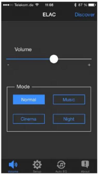 ELAC Discover Volume - + Mode Normal Music Cinema Night Volume Setup Auto EO About