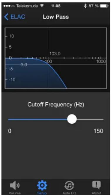 ELAC Low Pass 103.0 -3.0 100 1000 Cutoff Frequency (Hz) 0 150 Volume Setup Auto EQ About