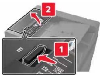 LEXMARK MX910dxe - [x]-Papierstau, drücken Sie die Verriegelung in Bereich E, um die obere Abdeckung der ADZ zu öffnen. [28y.xx] - 1