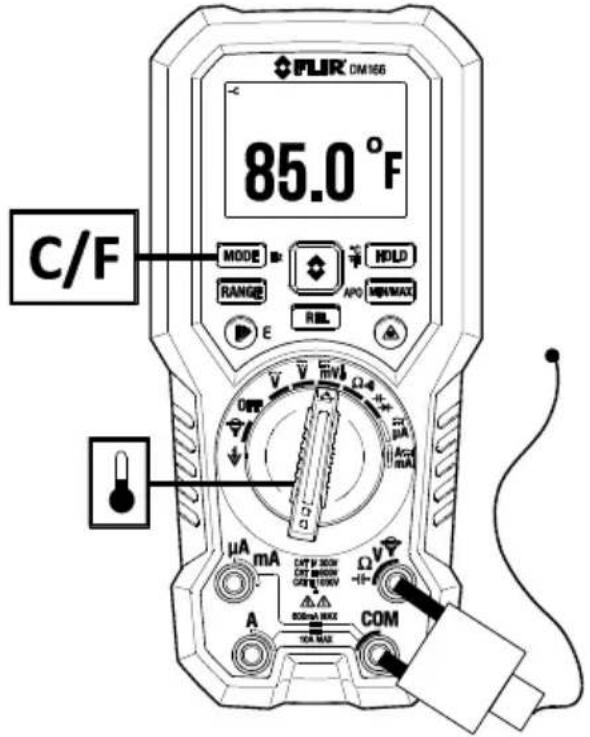 FLIR CM166 85.0 °F C/F MODE RANGE APO HOLD MIN/MAX E OFF V V HV Ω4 Ω2 μA mA CATT B SCOW OUT B SLOW CATE L EAV Ω V -100 Ω BOSUM MUX COM 10A MAX