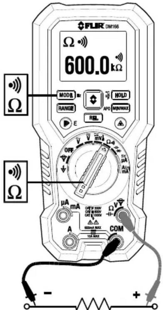 FLIR DM166 Ω 600.0kΩ MODE RANGE E HOLD APO MIN/MAX REL OFF μA mA CAT N 300V CAT B 800V CAT E 1000V A BOMA MAX TDA MAX COM - +