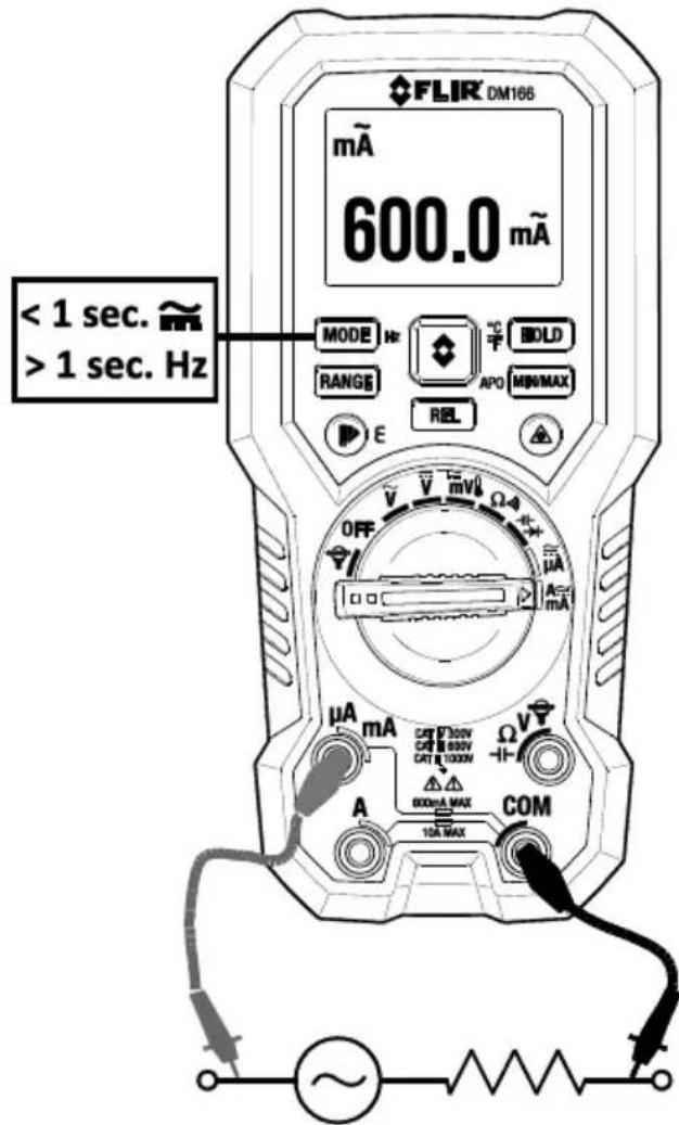 FLIR DM166 mA 600.0 mA < 1 sec. ~ > 1 sec. Hz MODE Hz RANGE APO BOLD M8NMAX REL OFF V V mV Ω-4 X μA A μA mA CAT F300V CAT B350V CAT R1000V Ω V -1 A A COM 10A MAX ~