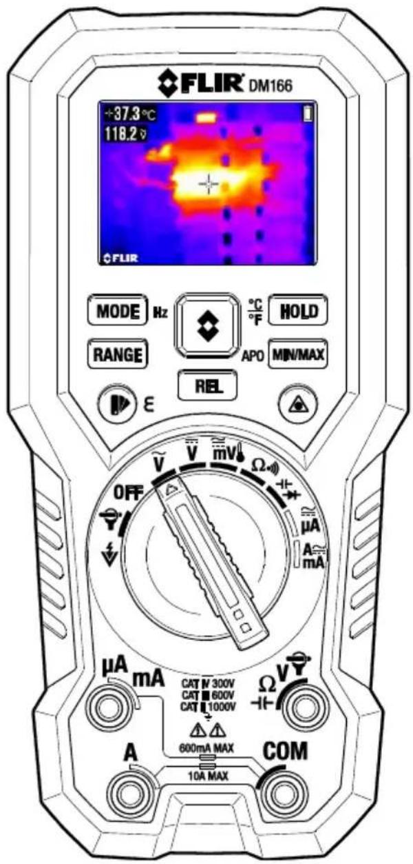 FLIR® DM166 -37.3 °C 118.2 FLIR MODE Hz RANGE °C F HOLD APO MIN/MAX REL OFF V V mV Ω μA A mA μA mA CAT N 300V CAT ■ 600V CAT ■ 1000V Ω V -1-1 600mA MAX A COM 10A MAX