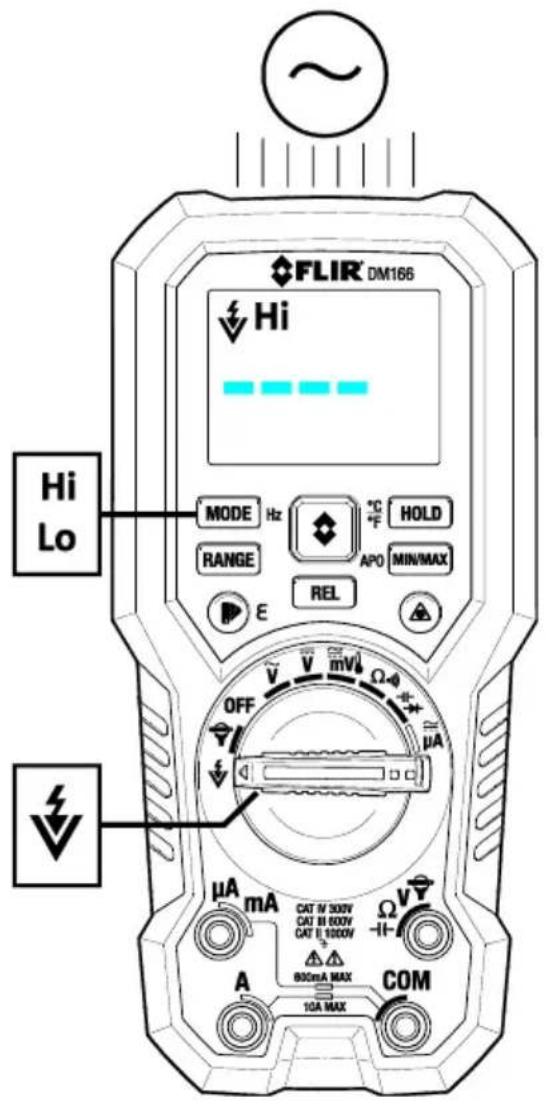 FLIR DM166 Hi HI Lo MODE Hz RANGE APO REL °C F HOLD MIN/MAX OFF V V mV Ω μA μA mA CAT N 300V CAT N 600V CAT N 1000V Ω V -11- 800mA MAX 10A MAX COM