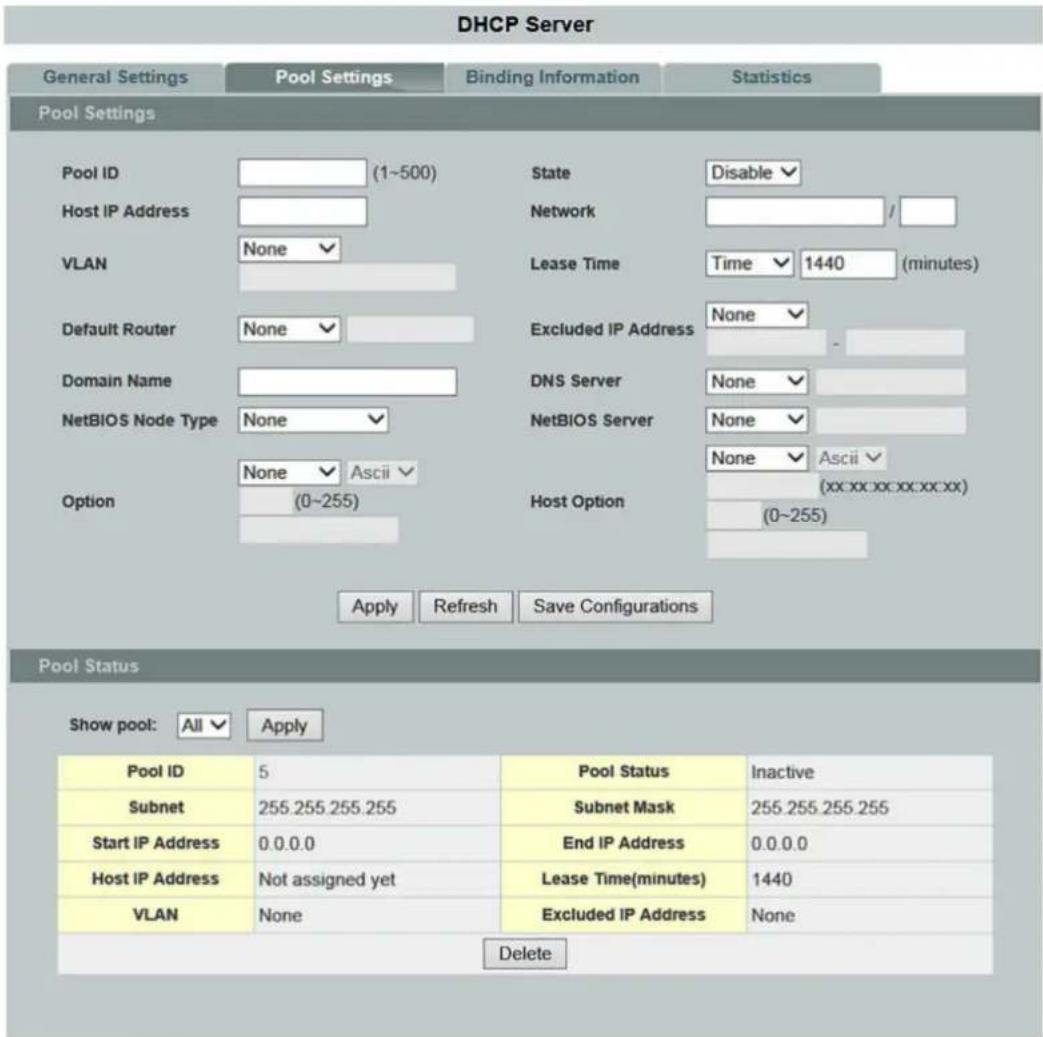 DHCP Server General Settings Pool Settings Binding Information Statistics Pool Settings Pool ID (1~500) State Disable Host IP Address Network VLAN None Lease Time Time 1440 (minutes) Default Router None Excluded IP Address Domain Name DNS Server None NetBIOS Node Type None NetBIOS Server None Options (0~255) Host Option (0~255) Apply Refresh Save Configurations Pool Status Show pool: All Apply Pool ID 5 Pool Status Inactive Subnet 255.255.255.255 Subnet Mask 255.255.255.255 Start IP Address 0.0.0.0 End IP Address 0.0.0.0 Host IP Address Not assigned yet Lease Time(minutes) 1440 VLAN None Excluded IP Address None Delete