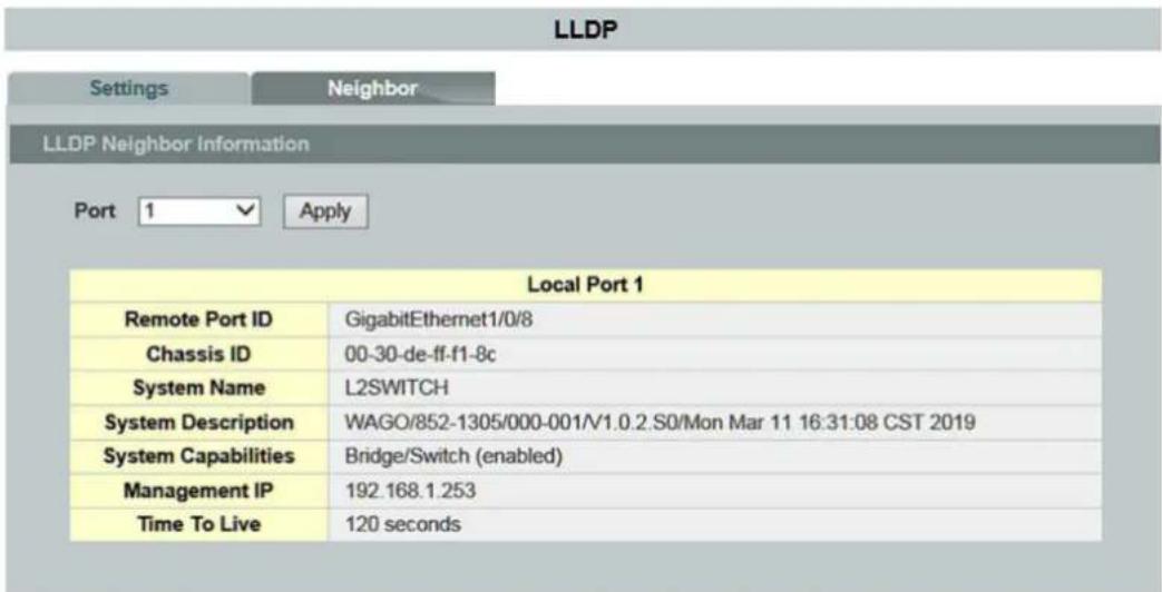 LLDP Settings Neighbor LLDP Neighbor Information Port 1 Apply Local Port 1 Remote Port ID GigabitEthernet1/0/8 Chassis ID 00-30-de-ff-f1-8c System Name L2SWITCH System Description WAGO/852-1305/000-001/V1.0.2.S0/Mon Mar 11 16:31:08 CST 2019 System Capabilities Bridge/Switch (enabled) Management IP 192.168.1.253 Time To Live 120 seconds